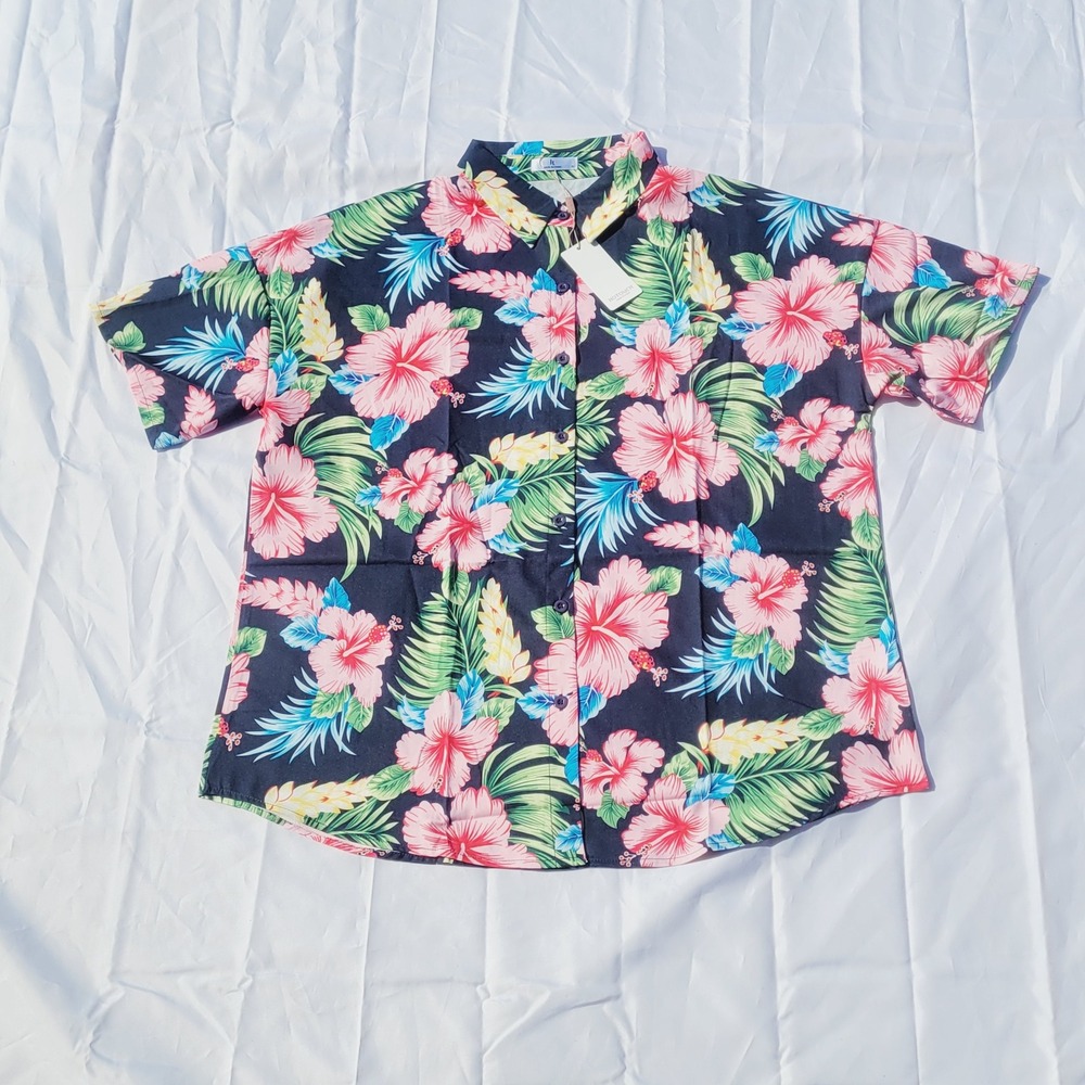 Hotouch Floral Button Down Shirt Mens XL Navy Tropical Hibiscus Short Sleeve NO3